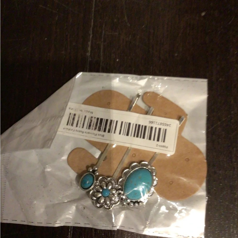 NEW Faux Turquoise Floral Silver-Tone Hair Clip Set barrettes